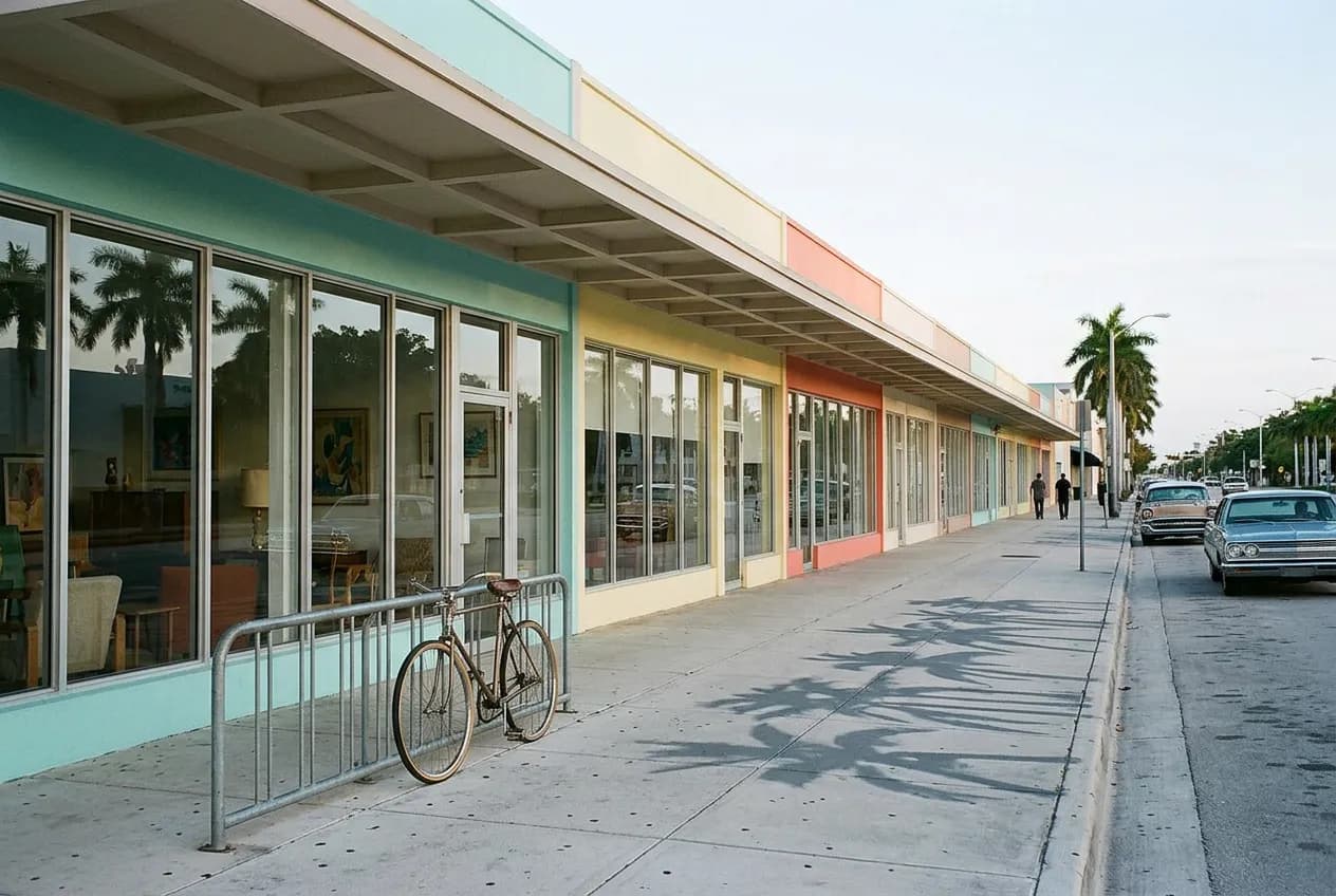 Low-rise pastel midcentury storefronts along Biscayne Boulevard in Miami's MiMo district at early evening