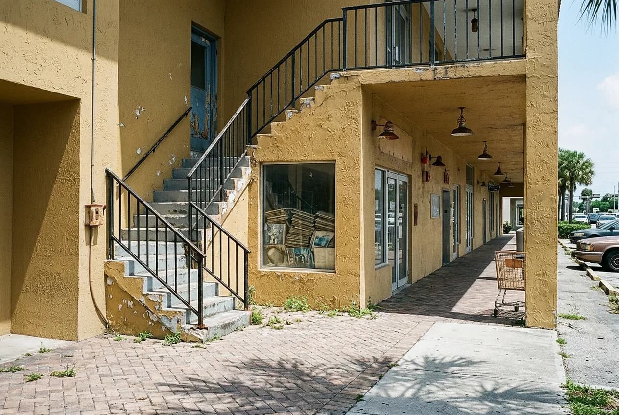 Second-floor strip plaza storefront with a narrow cement stairway and a window layered with vintage album covers