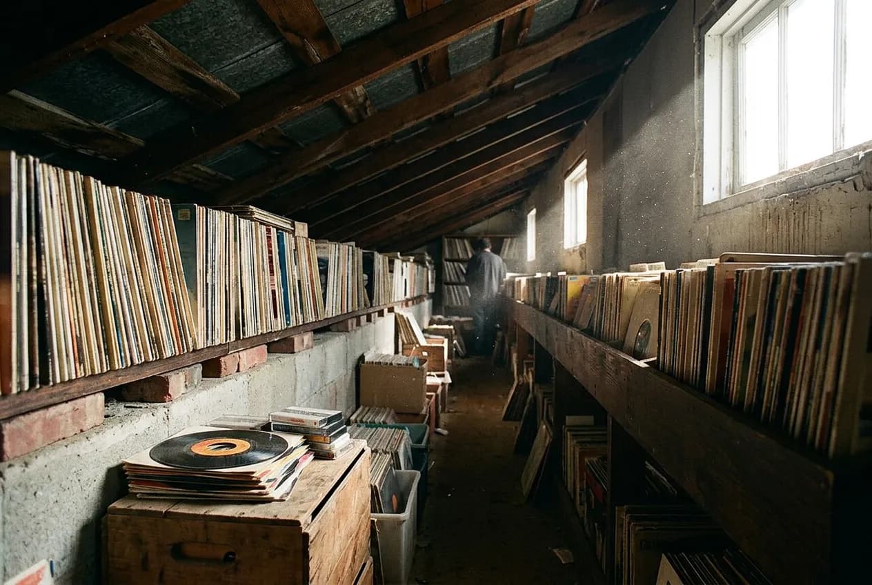 Close view of alphabetized vinyl record crates and worn album sleeves inside a cramped record shop