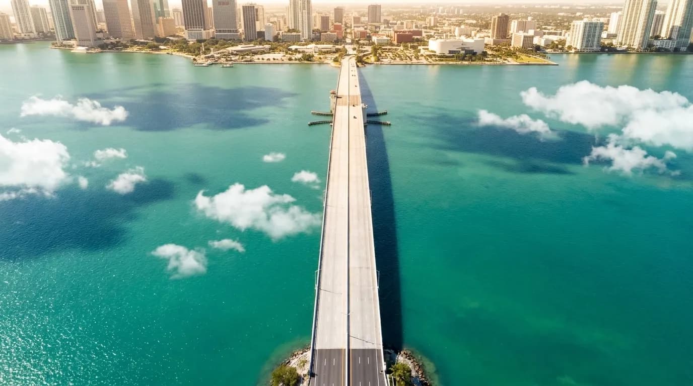 Aerial view of MacArthur Causeway connecting downtown Miami to Miami Beach over Biscayne Bay