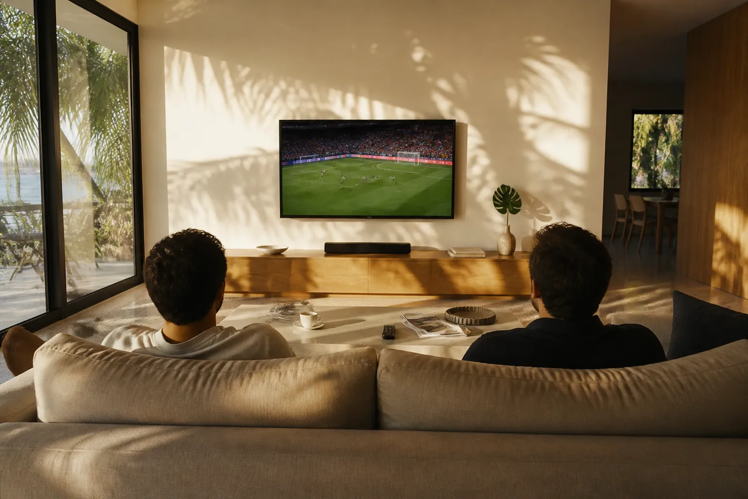 A sunlit Miami living room in late afternoon with a soccer match playing on a wall-mounted TV, palm shadows across the tile floor and a cafecito cup on the coffee table