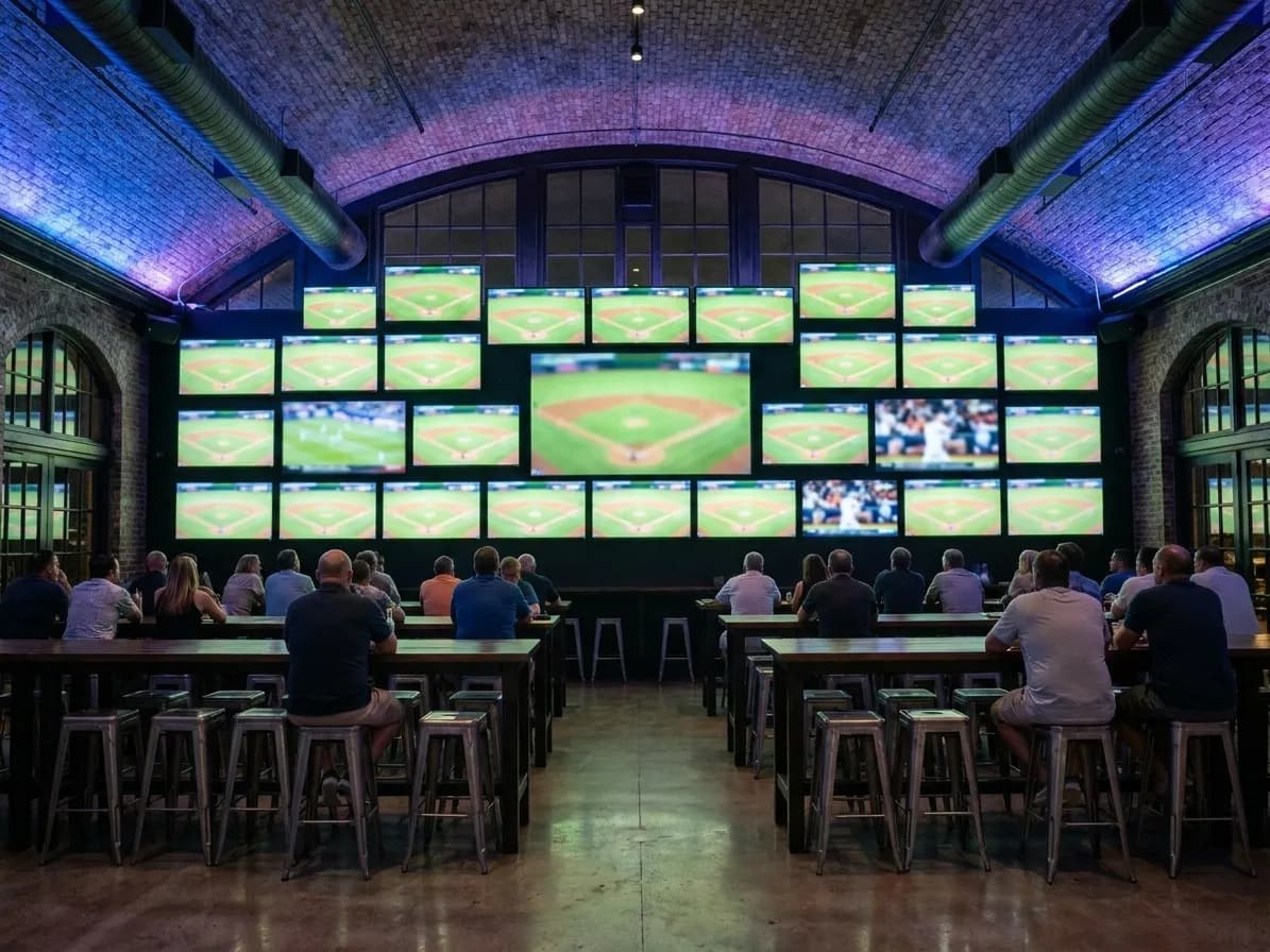 A cavernous bar with a grid of dozens of screens covering an entire wall, long communal tables below and a scattered early-evening crowd