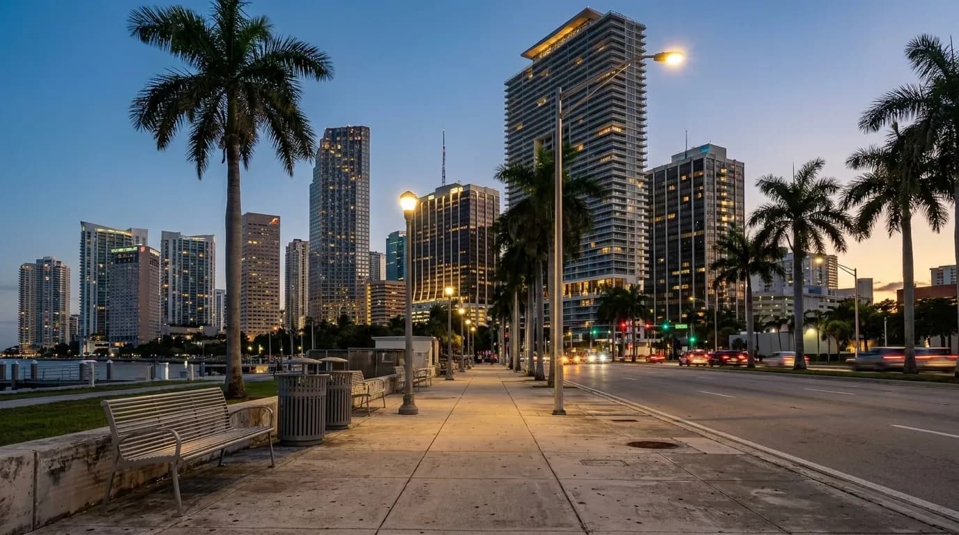Biscayne Boulevard in downtown Miami at dusk with streetlights and palm trees