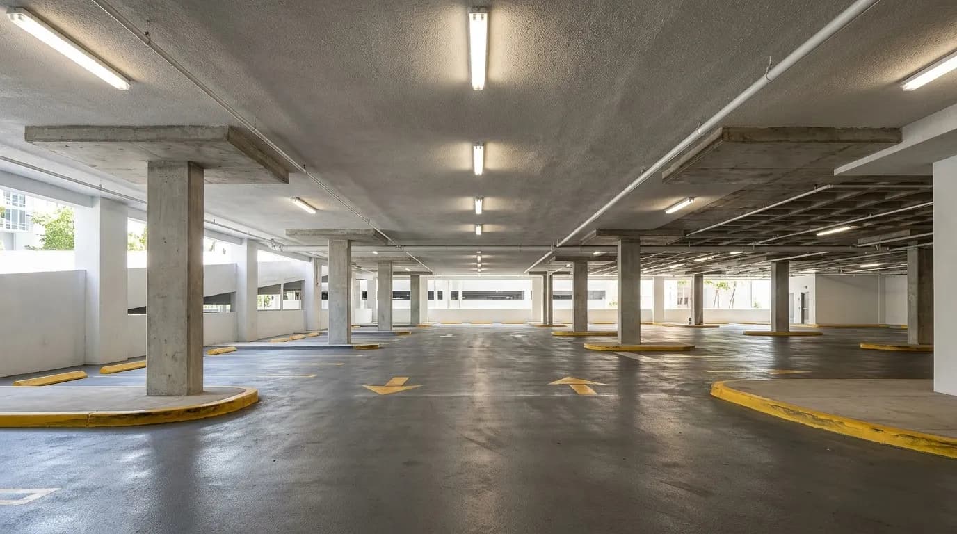 Interior of Brickell City Centre parking garage with concrete columns and directional markings