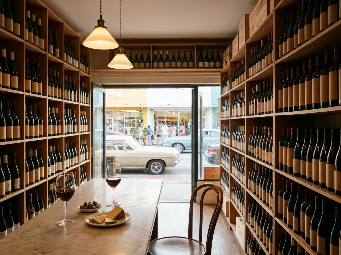 A small Miami wine shop that doubles as a bar in the early evening, wooden racks of bottles behind a marble counter holding two poured glasses of red and a plate of cheese and olives