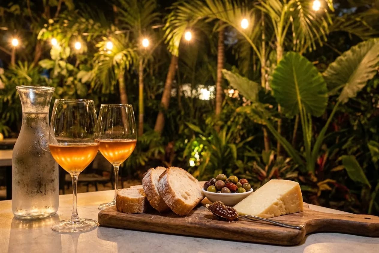A garden table at night in Miami with a wooden board of crusty bread, hard cheese, olives and fig jam beside two glasses of orange wine under out-of-focus string lights