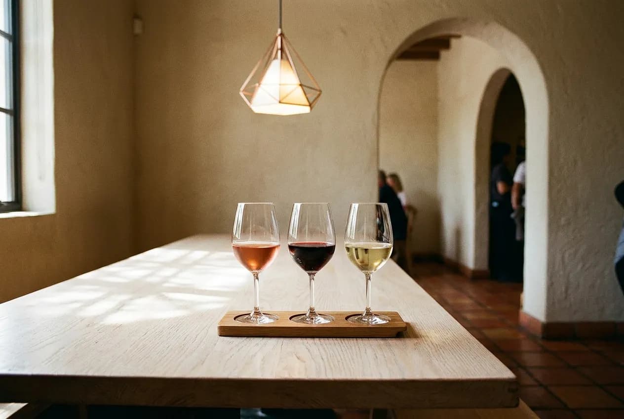 A wine flight of three glasses on a wooden table with a stucco arch nook softly visible behind it