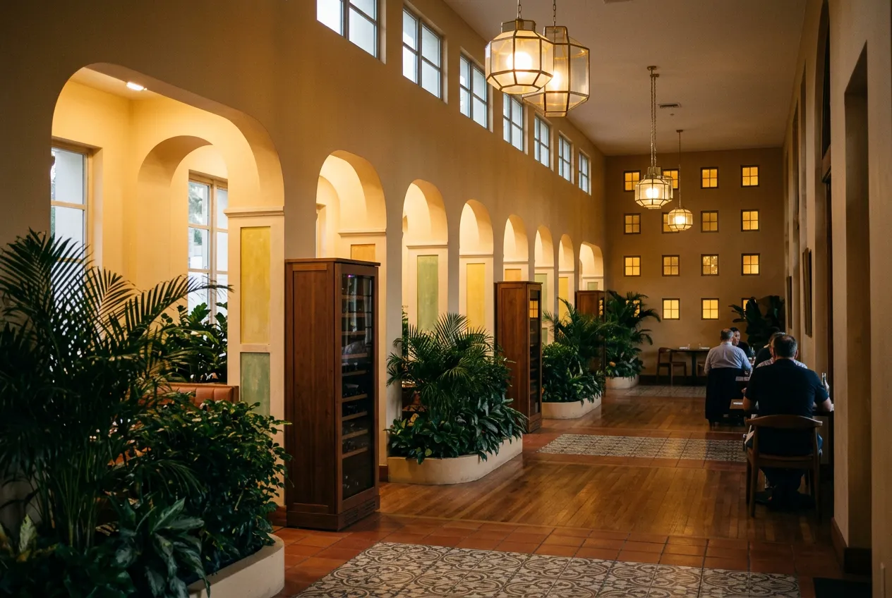 A wide interior view of a wine room divided into nooks by planters and wine cabinets under geometric lighting