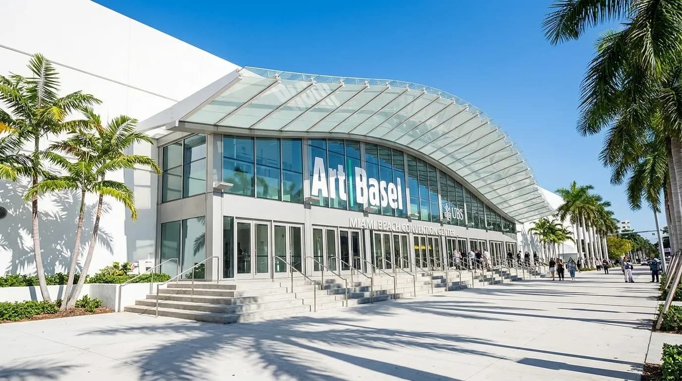 Exterior of Miami Beach Convention Center during Art Basel week with palm trees and clear blue sky