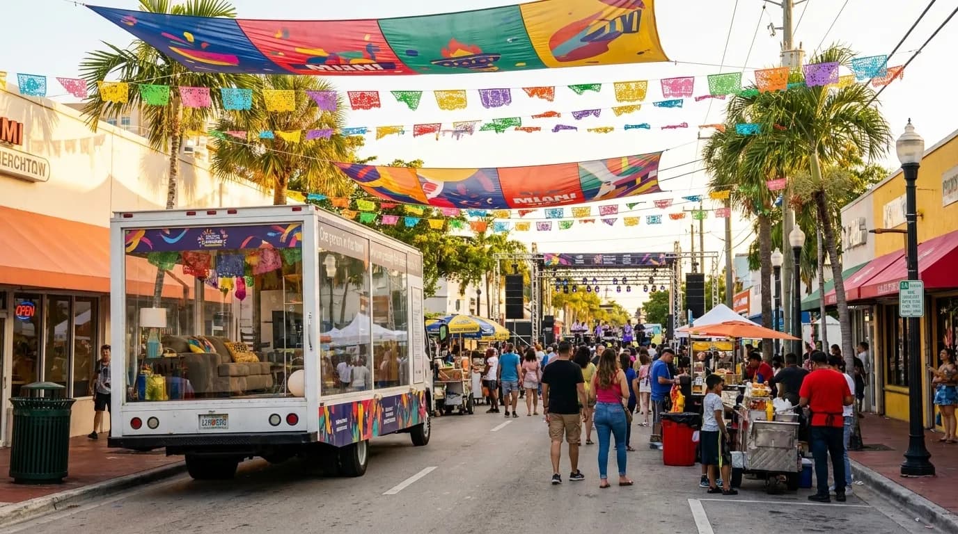 Calle Ocho street festival in Little Havana with colorful banners and stage setup