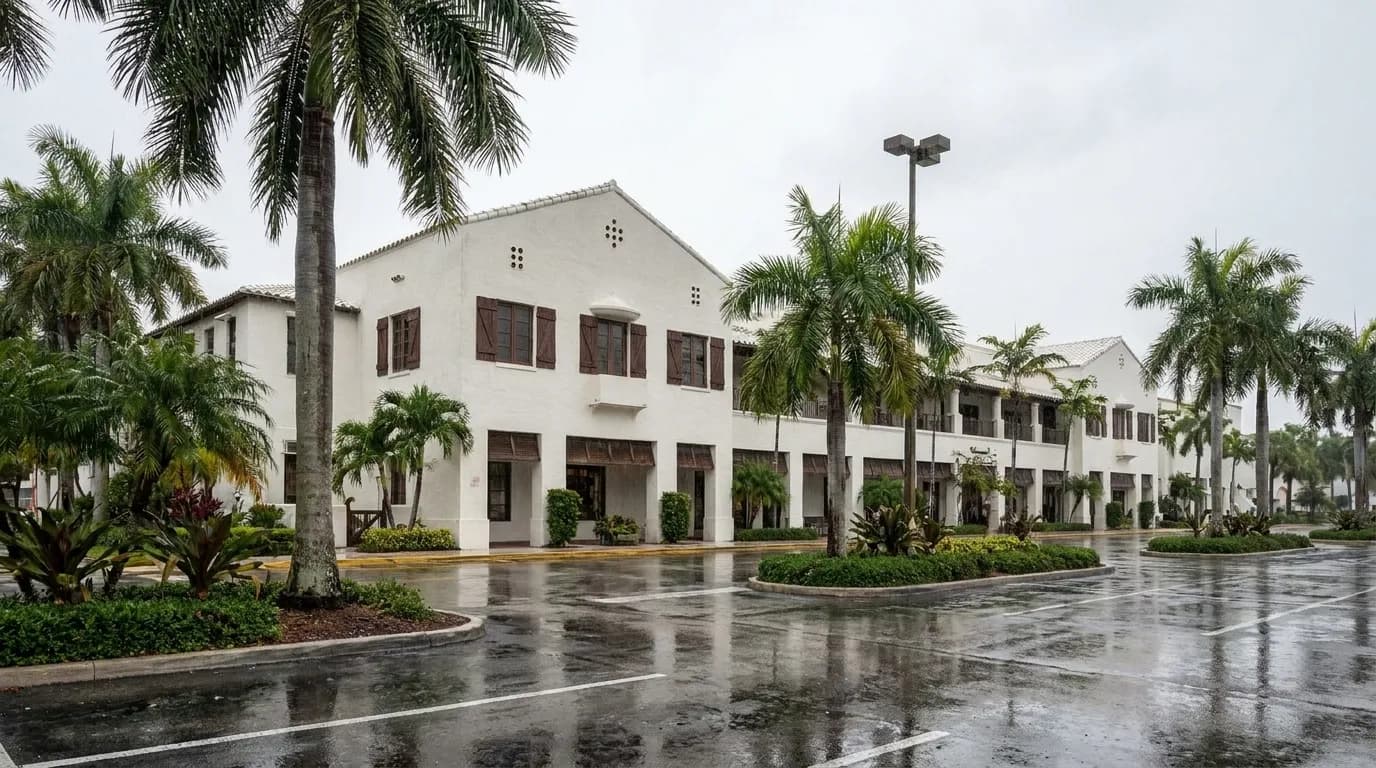 Wide exterior view of Dolphin Mall in Miami under overcast skies