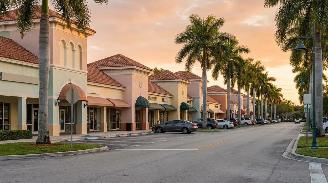 Street view in Doral showing typical Miami suburban commercial architecture