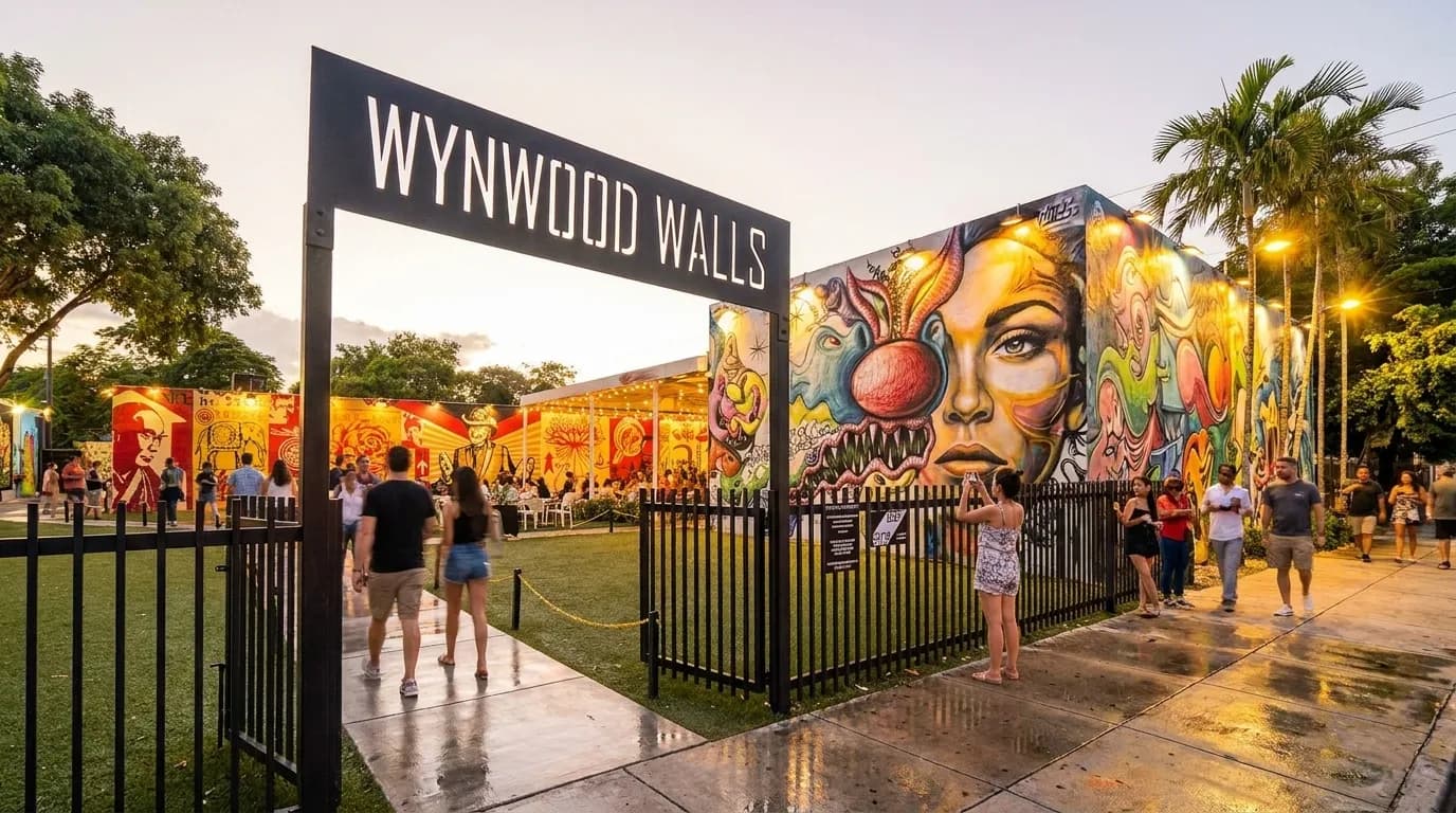 Colorful murals illuminated at night in Miami's Wynwood Arts District