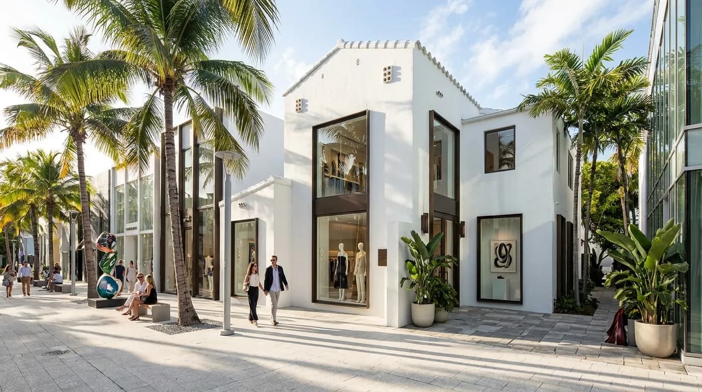 Palm-lined streets and modern architecture in Miami Design District