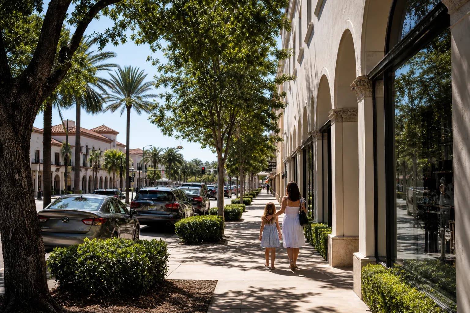 Tree-lined Coral Gables street with salon storefronts and parked cars