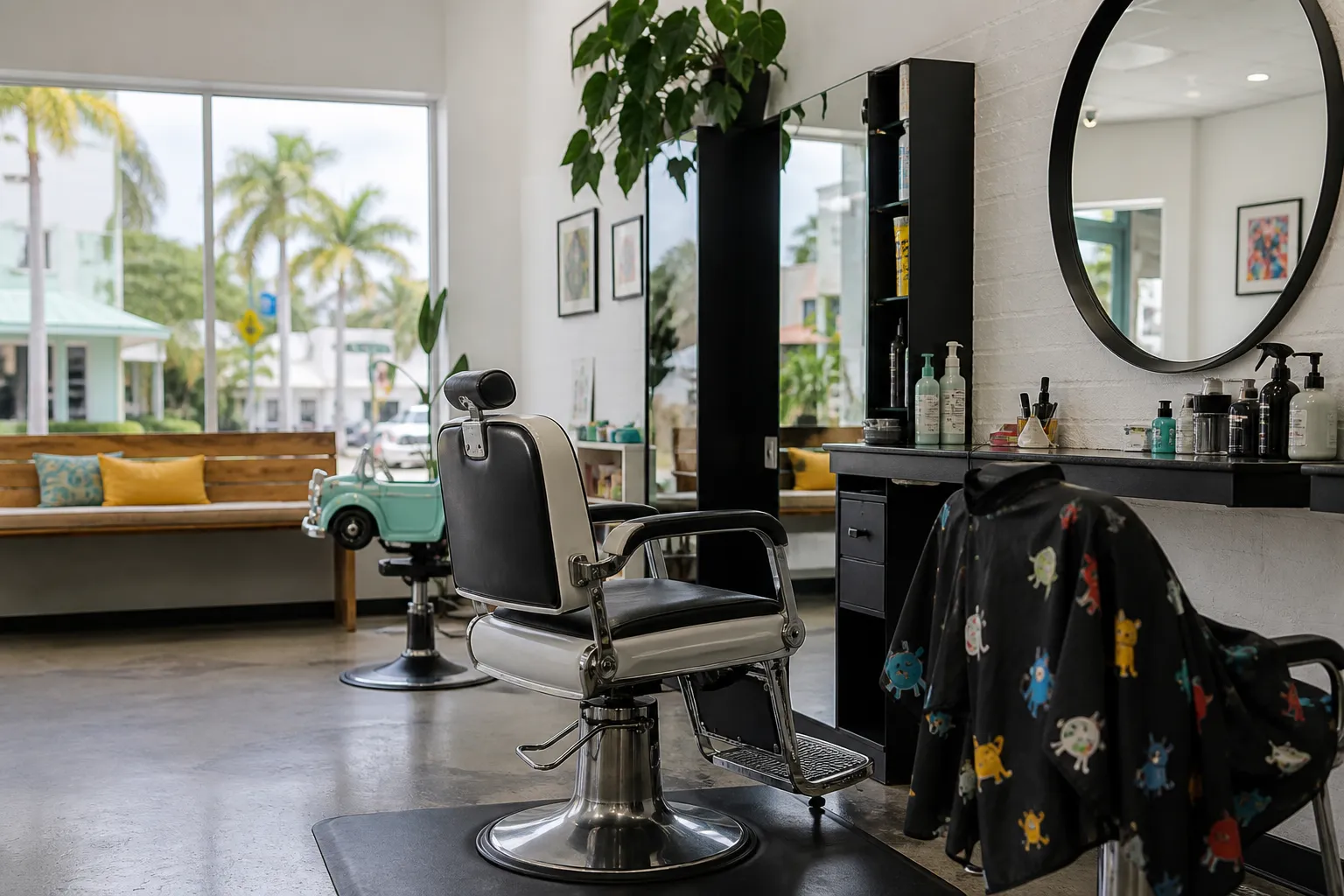 Bright family salon interior with barber chair, mirror, and waiting bench