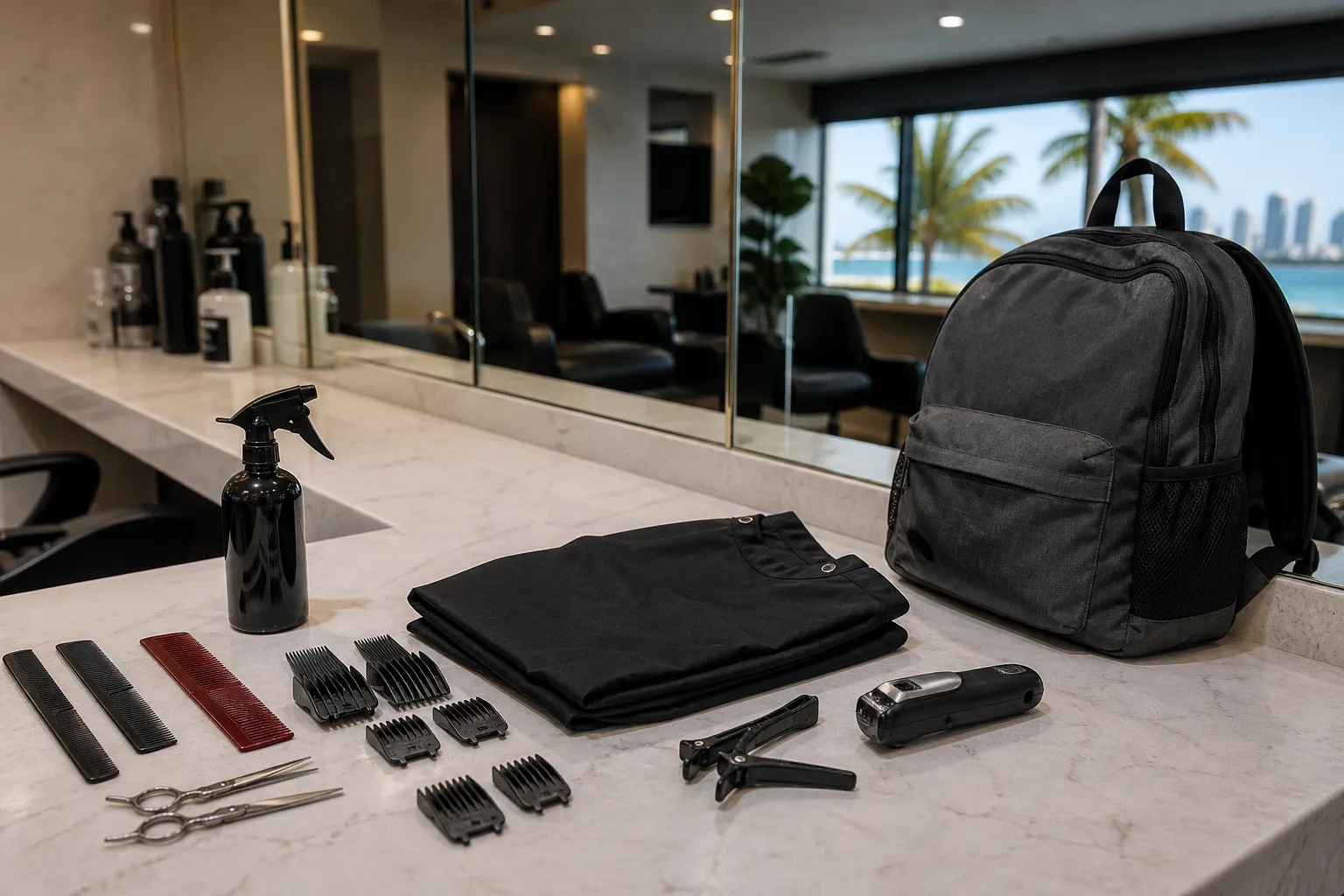 Haircut tools and a school backpack on a salon counter