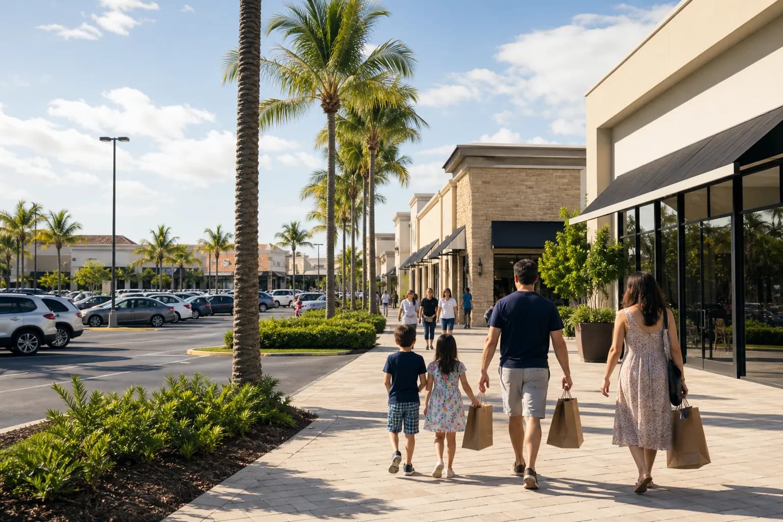 Doral shopping plaza parking area during a sunny Miami school shopping morning