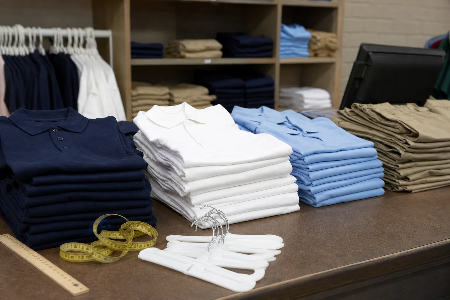 School uniform shirts and folded kids clothing at a Miami retail counter