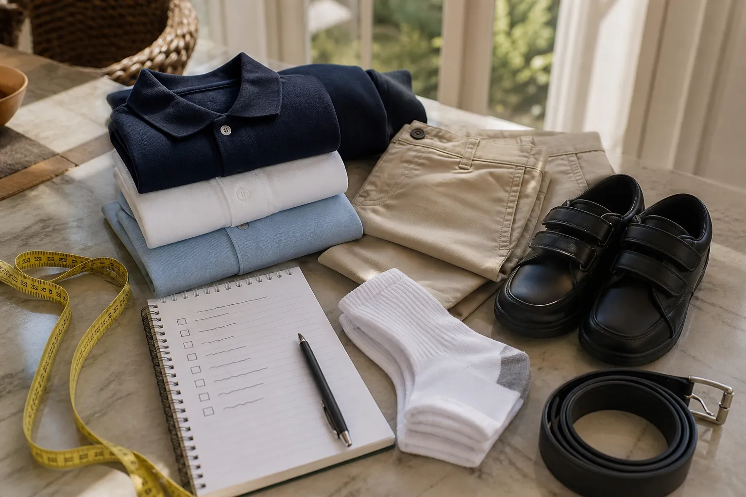 Back to school uniform checklist with kids shoes and folded polos