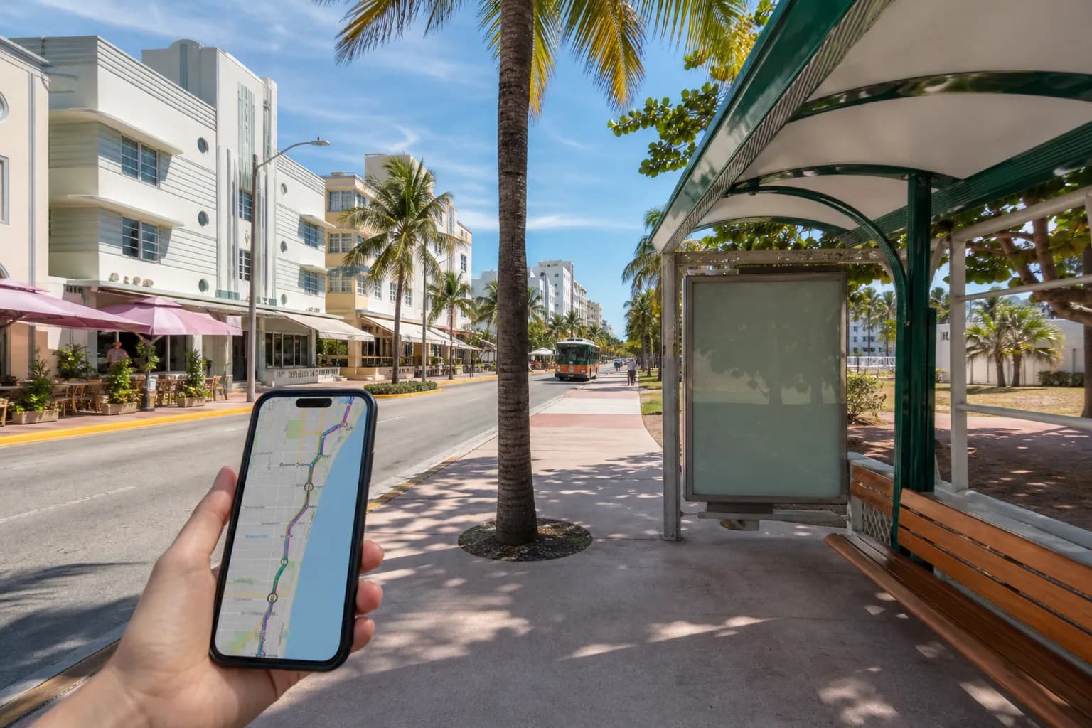 Miami Beach trolley stop near pastel Art Deco buildings
