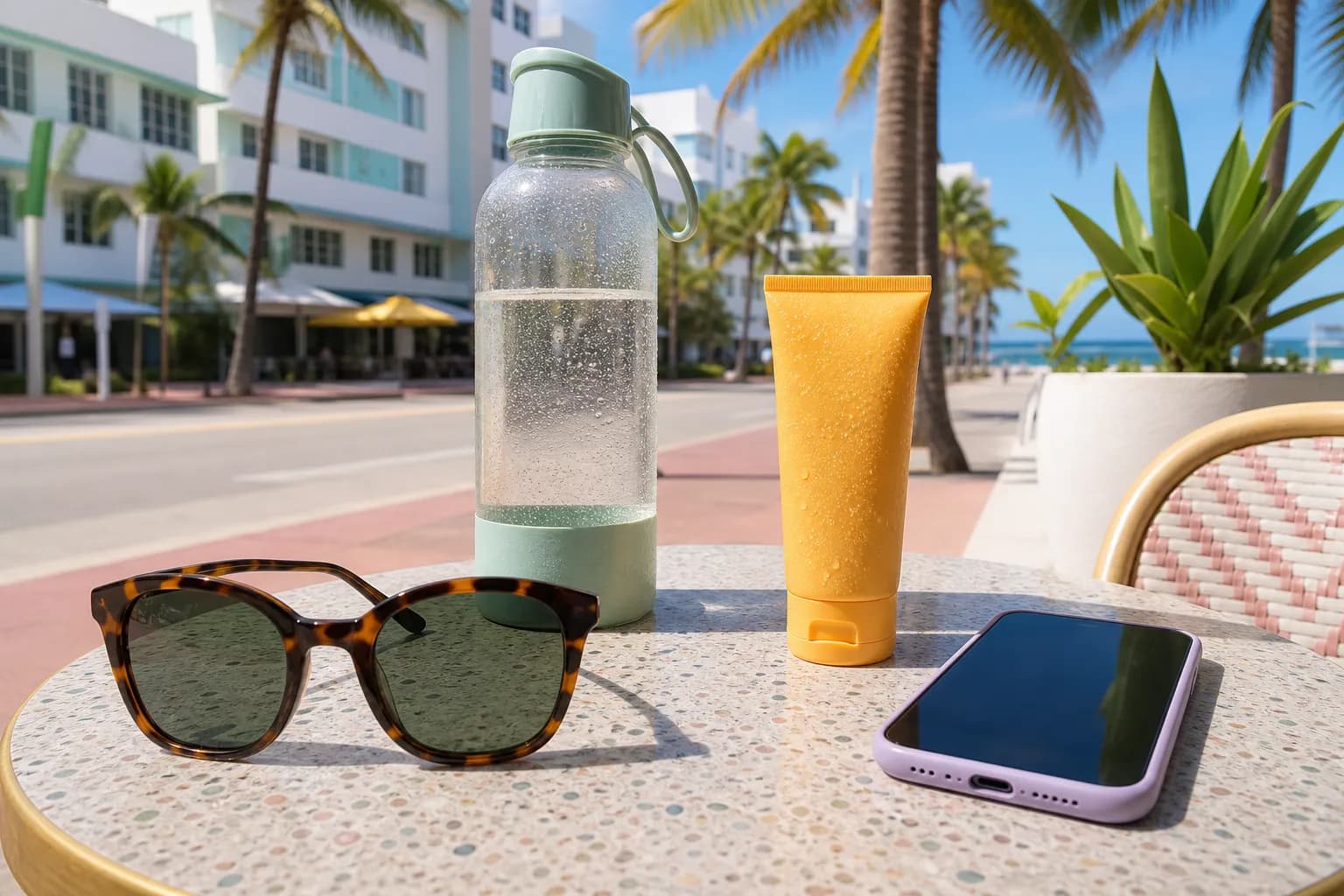 Heat-safe Miami Beach route table with water and phone map