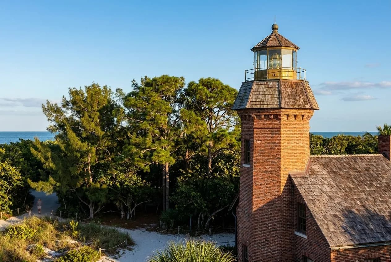 Historic lighthouse rising above pines at the tip of a Florida coastal park