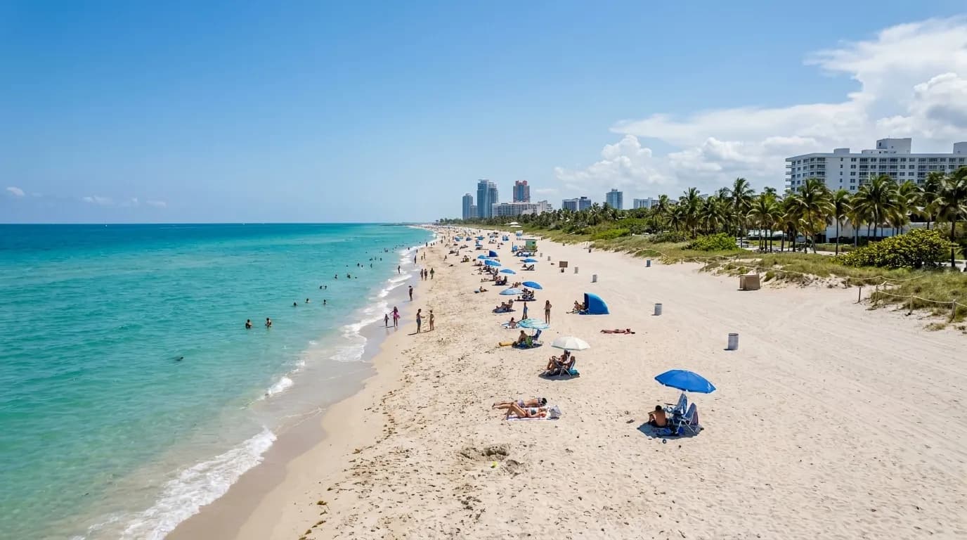 Wide sandy beach with blue ocean and sparse beachgoers under bright Miami sun