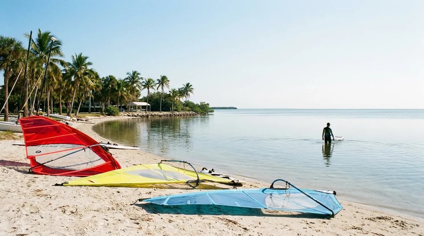 Windsurfers rigging colourful sails on a shallow bay shoreline under a bright sky.