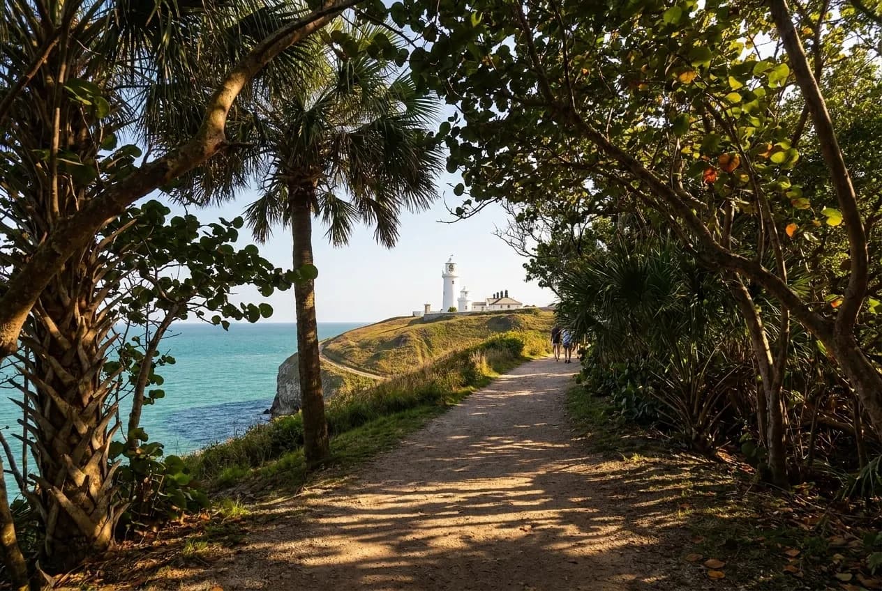 A shaded path through coastal trees with a lighthouse visible ahead