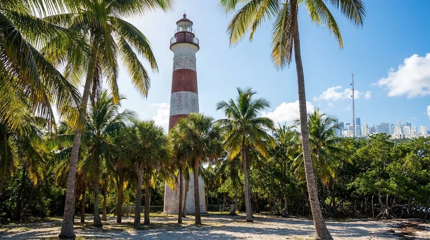 Cape Florida Lighthouse rising above palm trees at Bill Baggs Cape Florida State Park