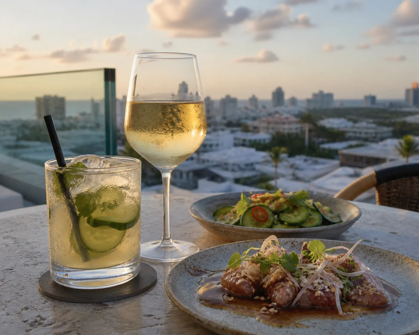 Cocktail and small plates on a rooftop table with evening light