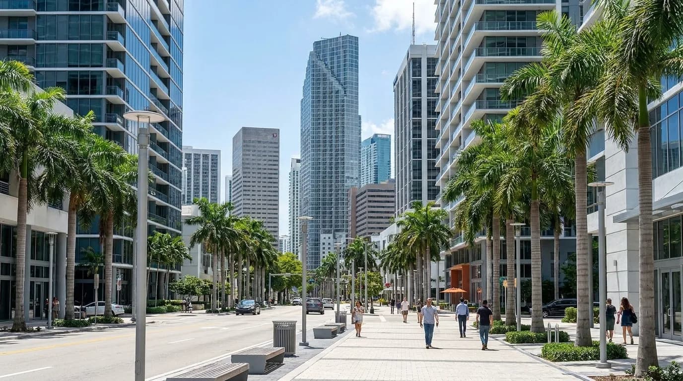 Brickell Avenue in Miami with urban skyline and palm trees