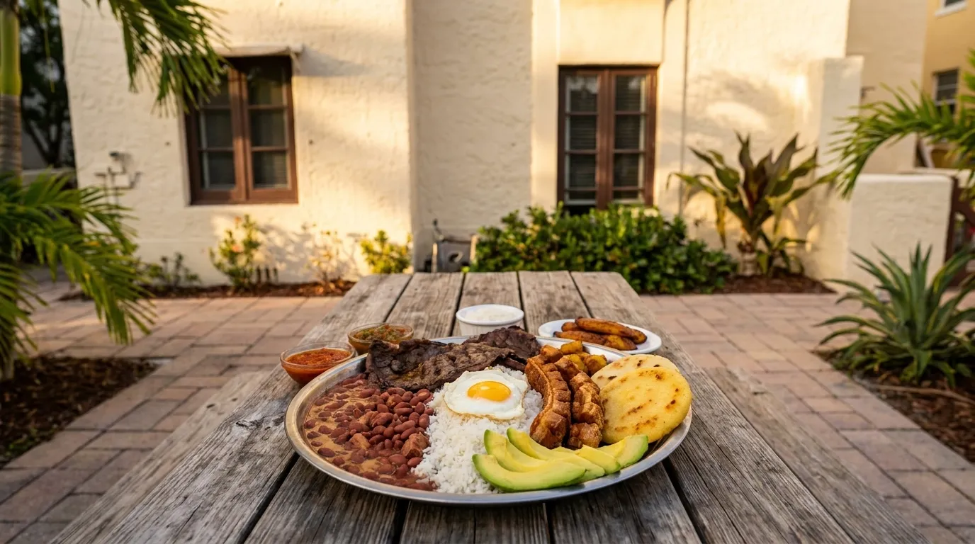 Traditional Colombian bandeja paisa with beans, rice, chicharrón, and arepa