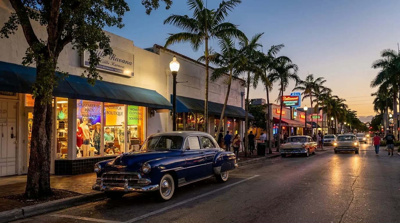 Evening street view of Calle Ocho in Little Havana, Miami, with neon signs and palm trees