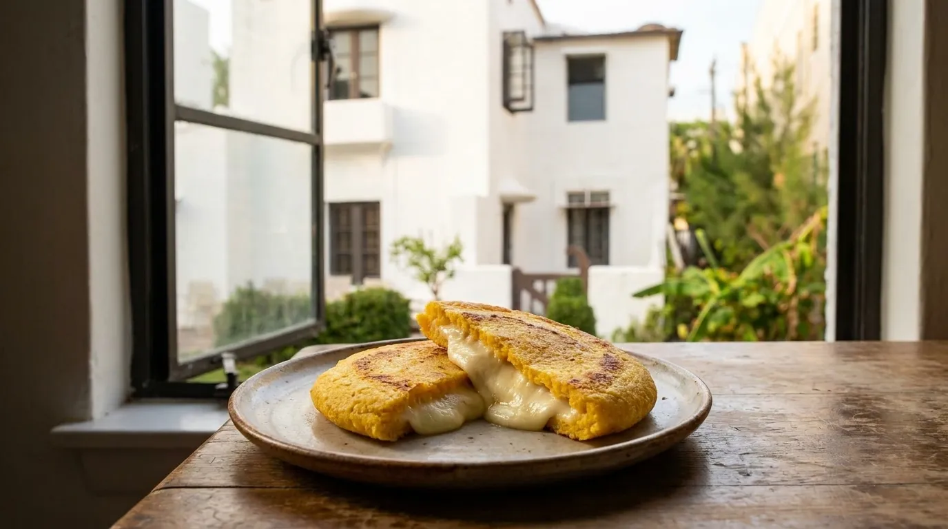 Close-up of a golden arepa boyacense split open revealing melted cheese inside