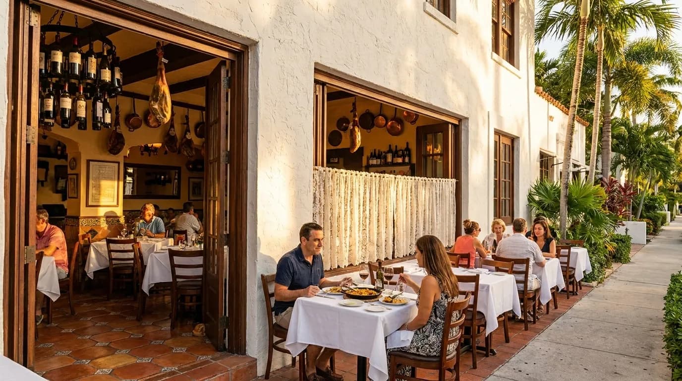 Traditional Spanish restaurant interior with tiled floors and white tablecloths in Little Havana