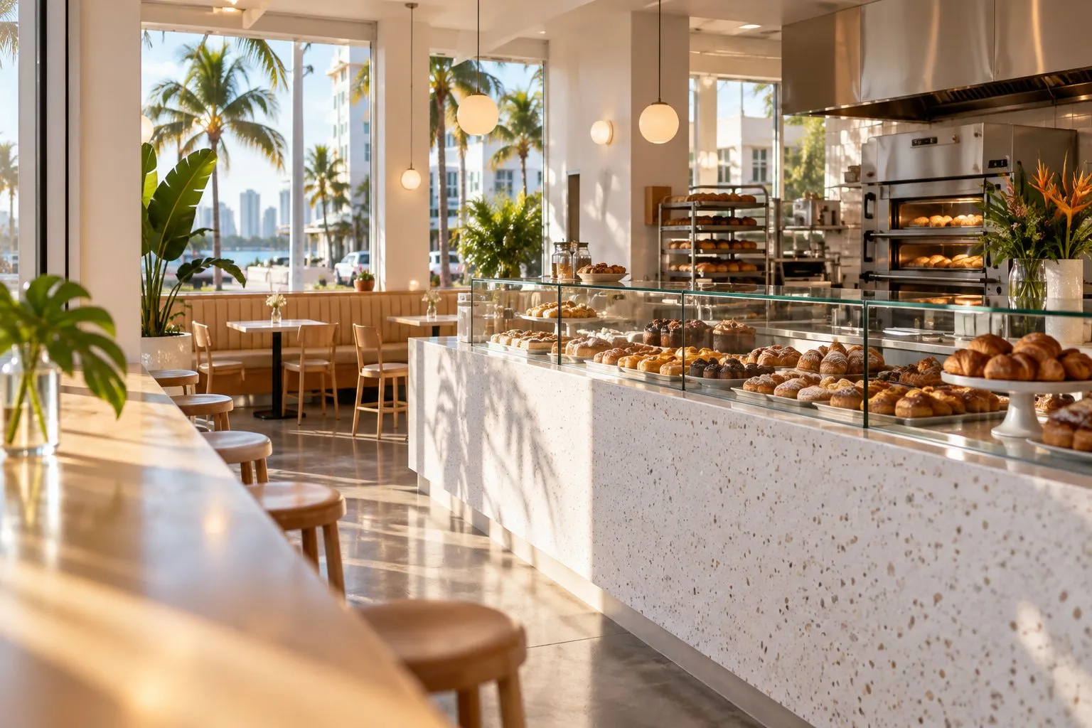 Pale wood and neutral-toned Caracas Bakery MiMo interior with pastry counter, banquettes and visible ovens