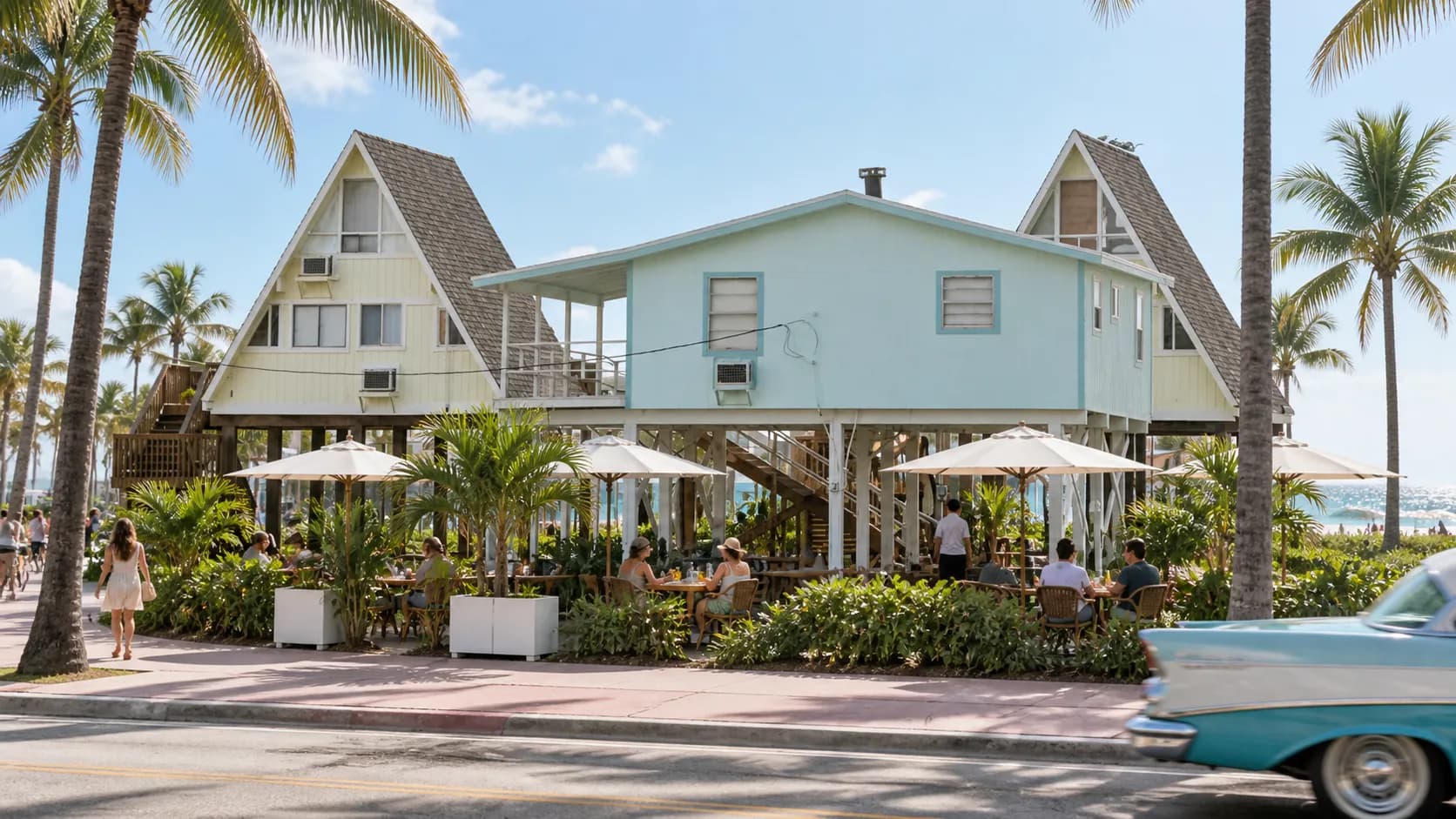 Sunlit Ocean Drive view of Front Porch Cafe's open terrace, pale façades, shaded seating, tropical greenery and bright South Beach beyond.