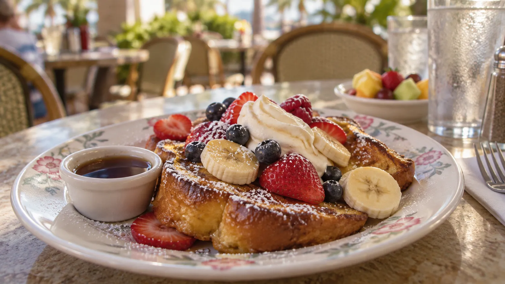 Challah French toast with banana, mixed berries, and vanilla cream on a café table, blurred South Beach terrace behind, no faces or signage.