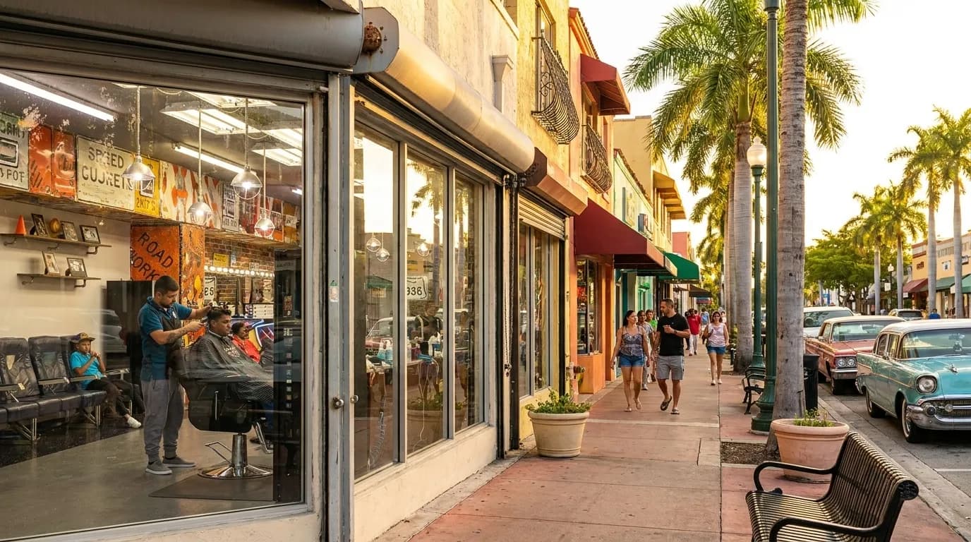 Colorful storefronts and pedestrians along Calle Ocho in Little Havana, Miami