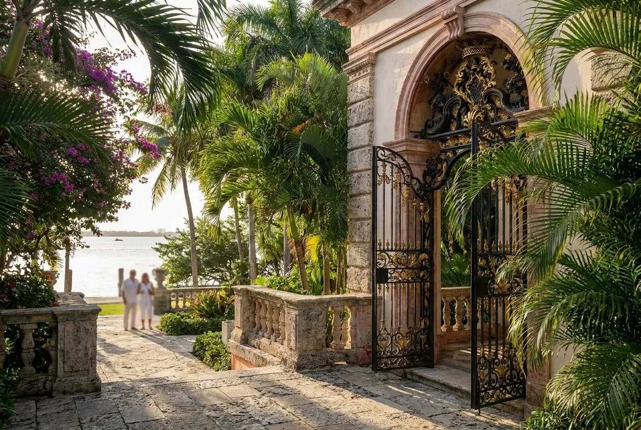 Formal garden and stone terraces of a historic bayfront villa