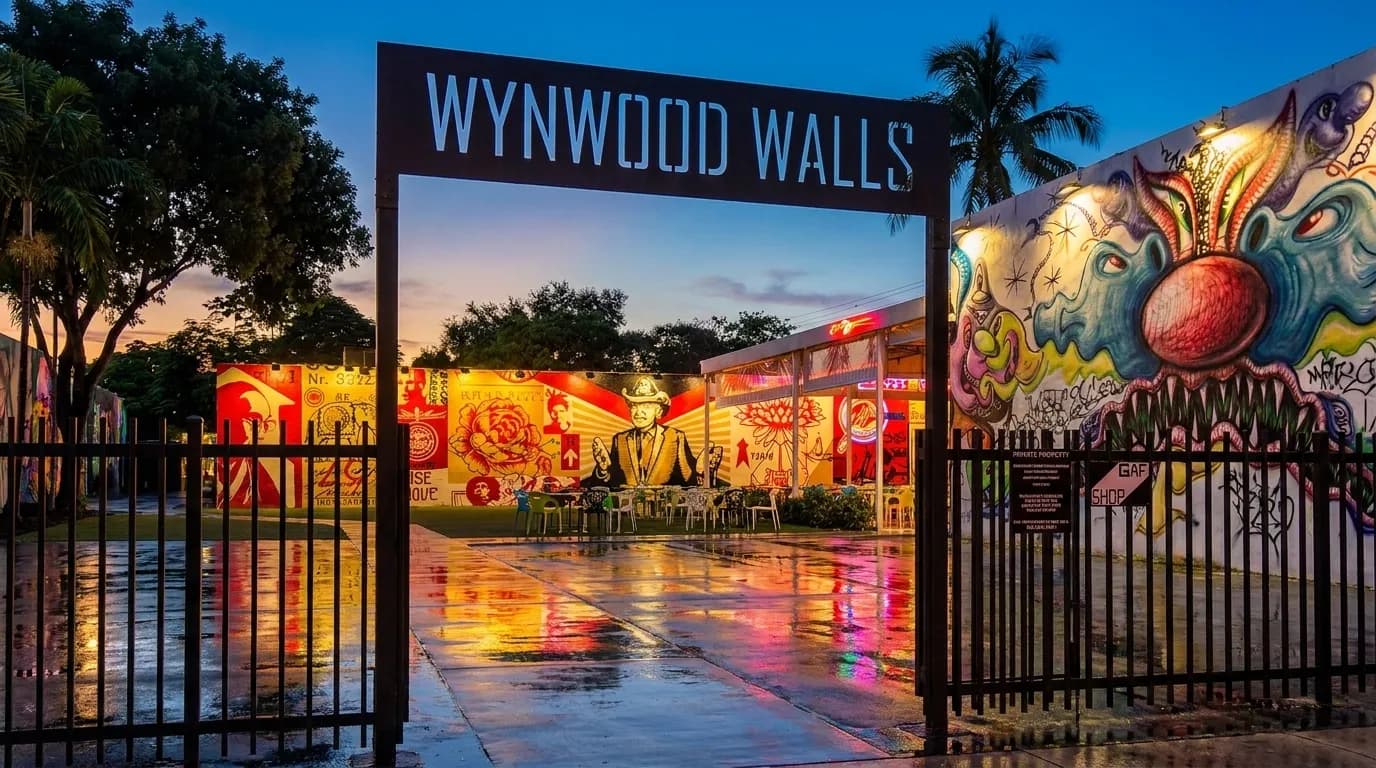 Colorful Wynwood Walls street art illuminated at night in Miami