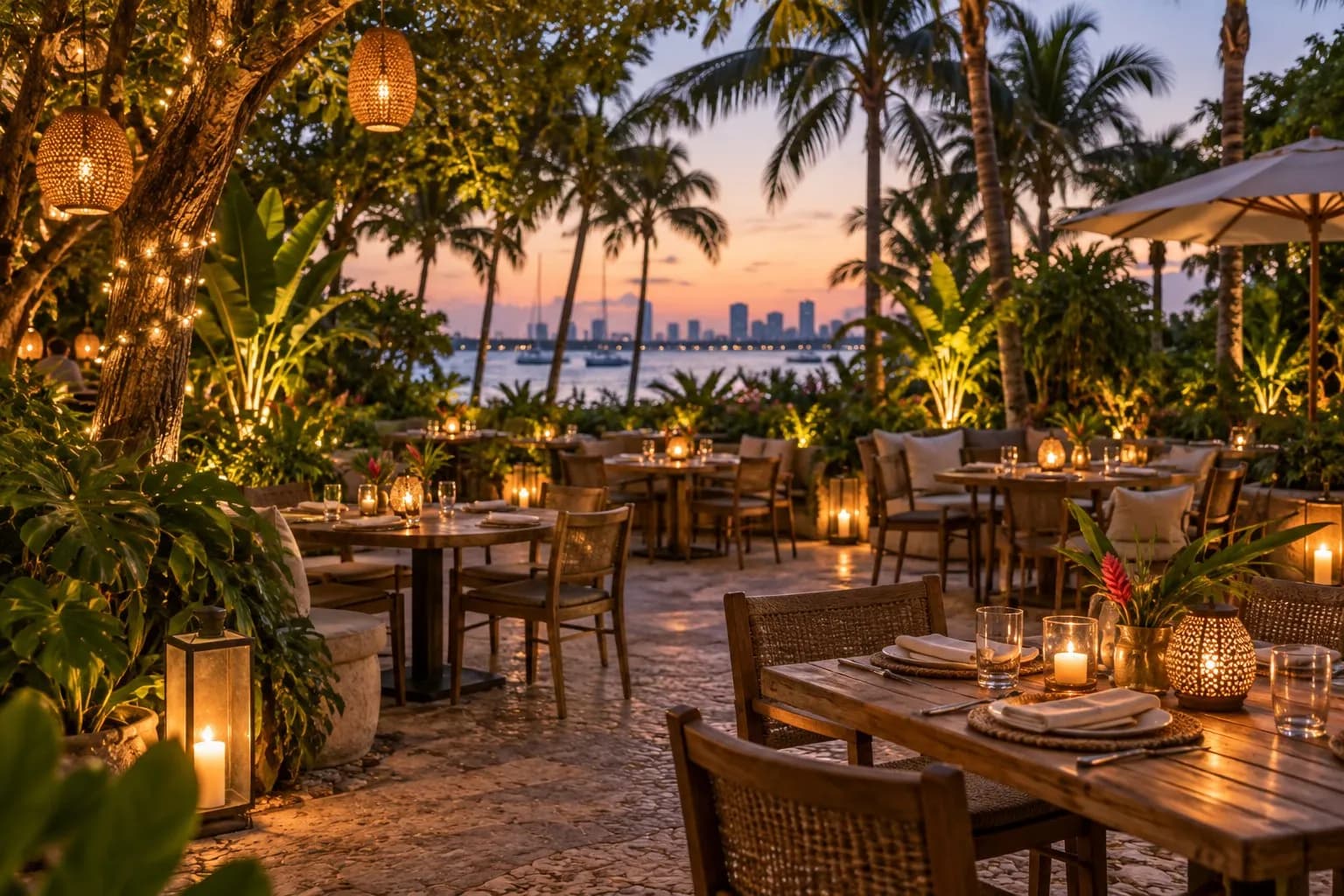 Candlelit garden patio at Ariete in Coconut Grove with leafy plants, lanterns and rustic wood tables