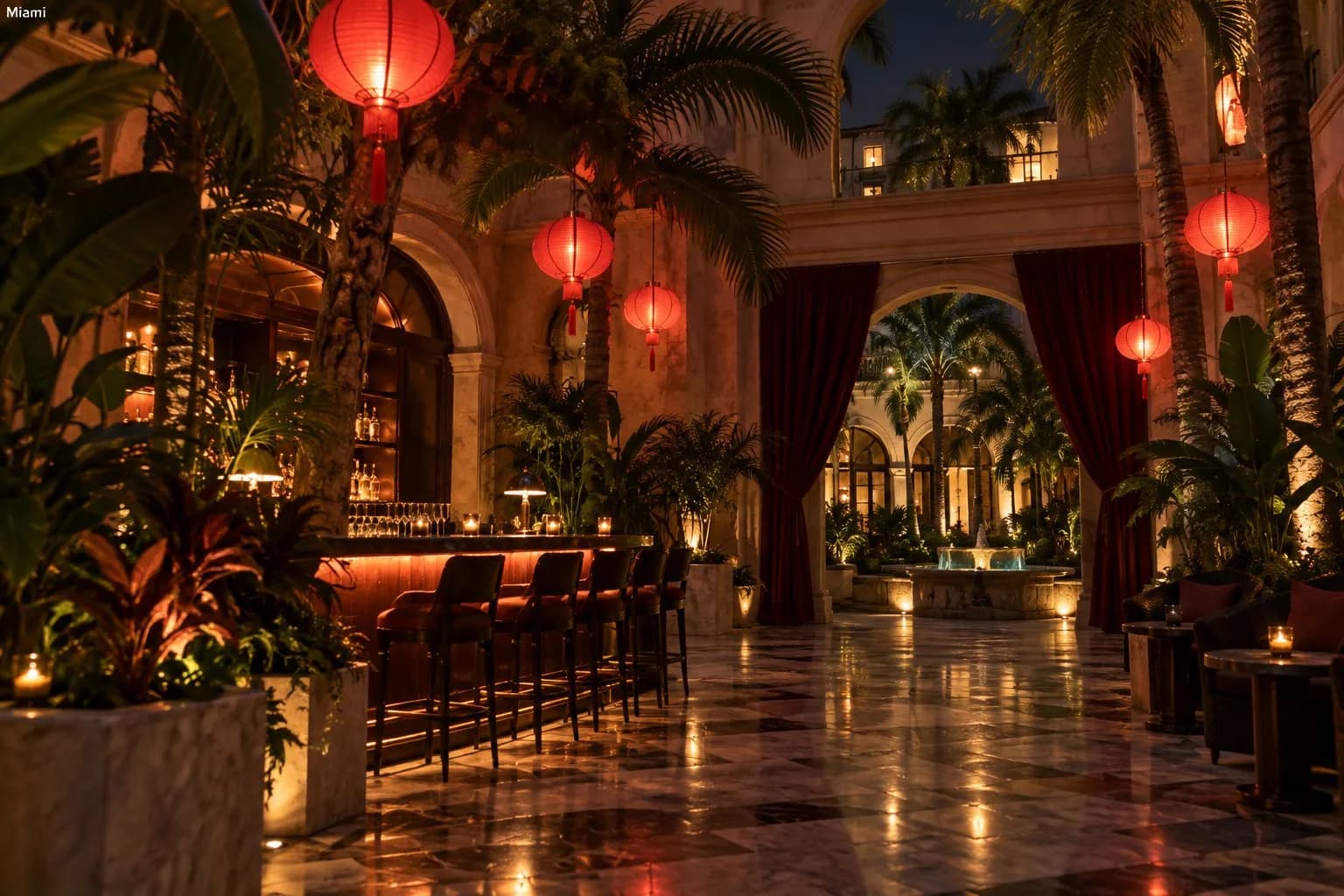 Dim Zitz Sum lobby with red Chinese lanterns, dark curtains and a bar inside a Coral Gables office atrium