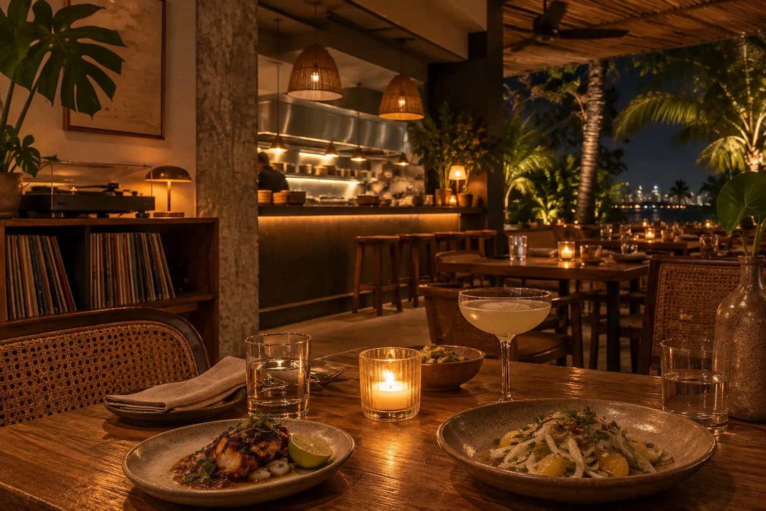 Dim indoor-outdoor dining room at Los Félix in Coconut Grove with wood, natural-fibre accents and an open kitchen