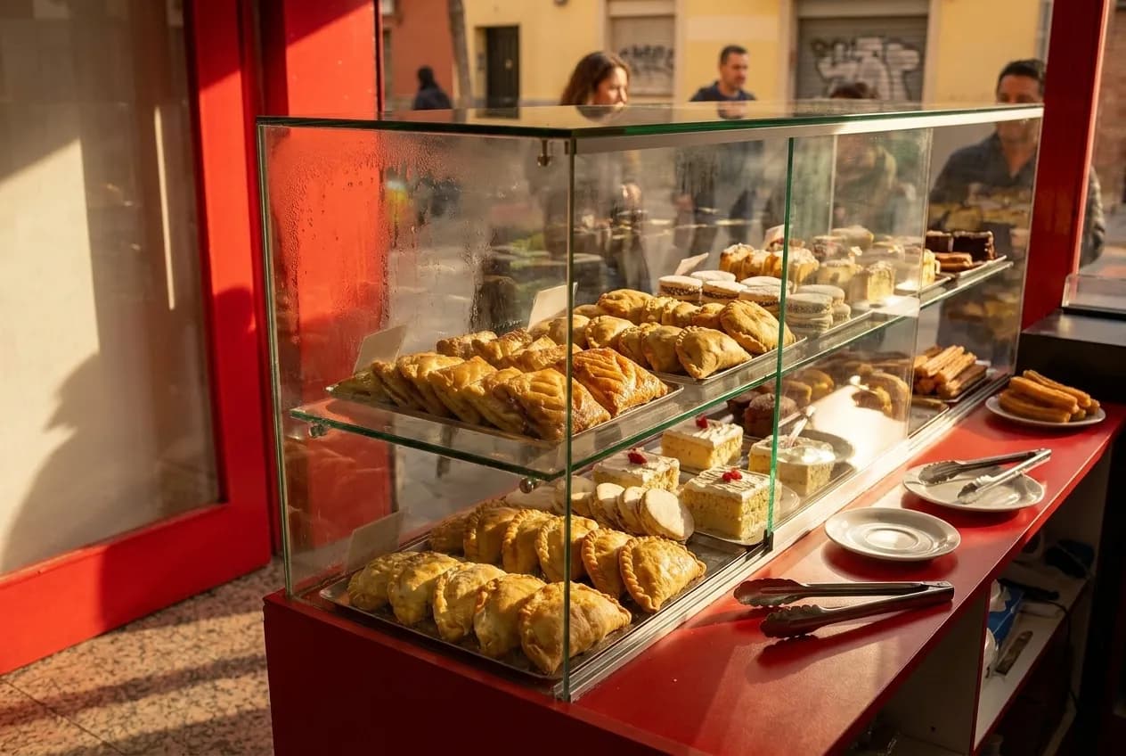 Glass case of Latin American pastries on a bakery counter