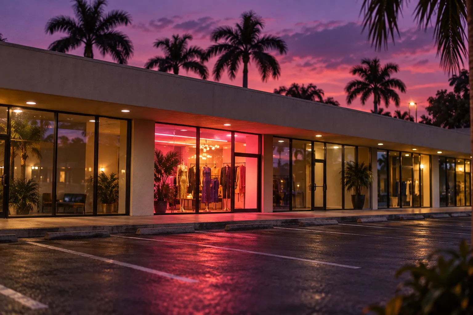 A low strip mall at dusk with a neon-lit unit among plain shopfronts