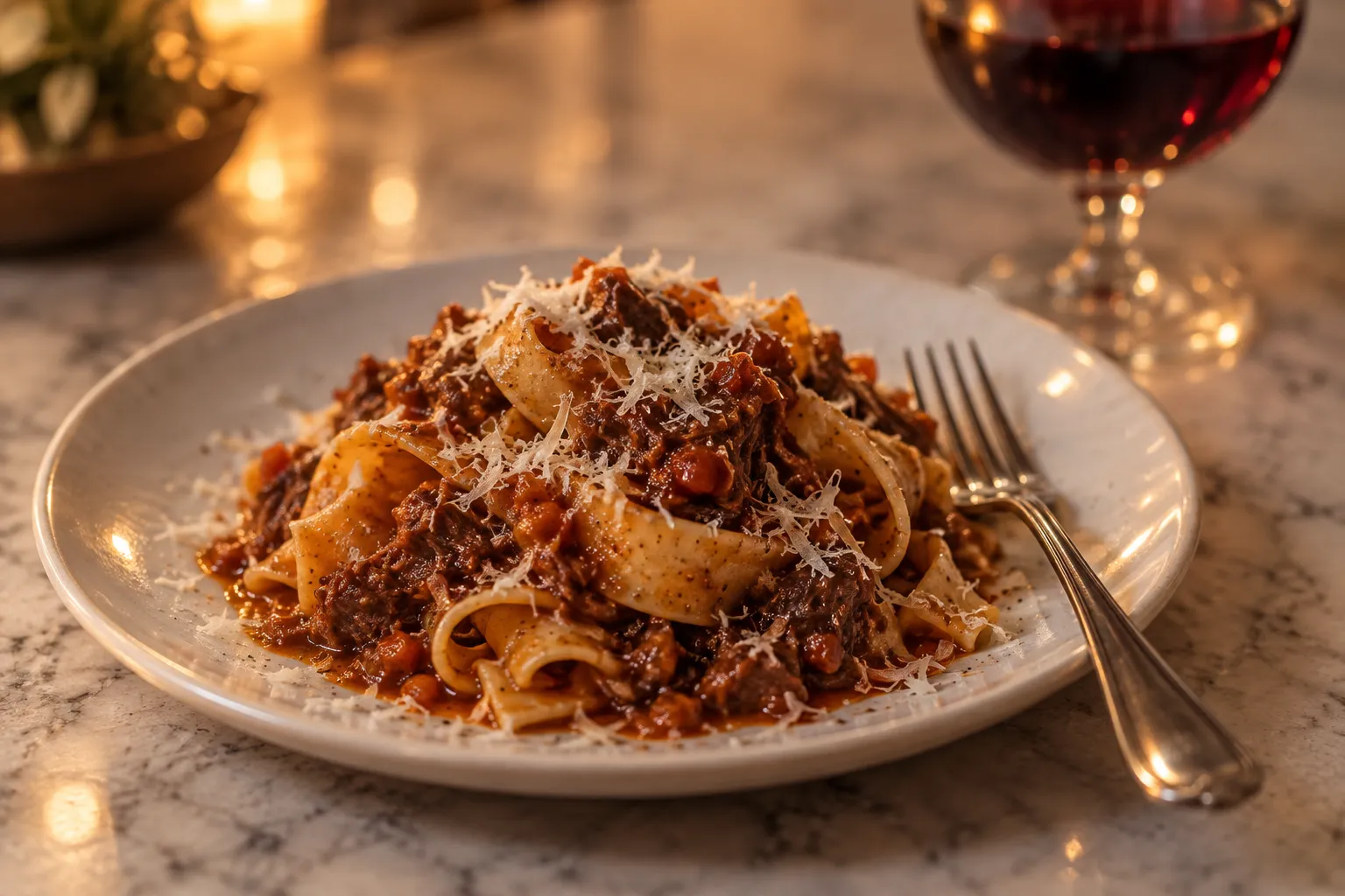 A small plate of pasta with dark ragu on a marble counter