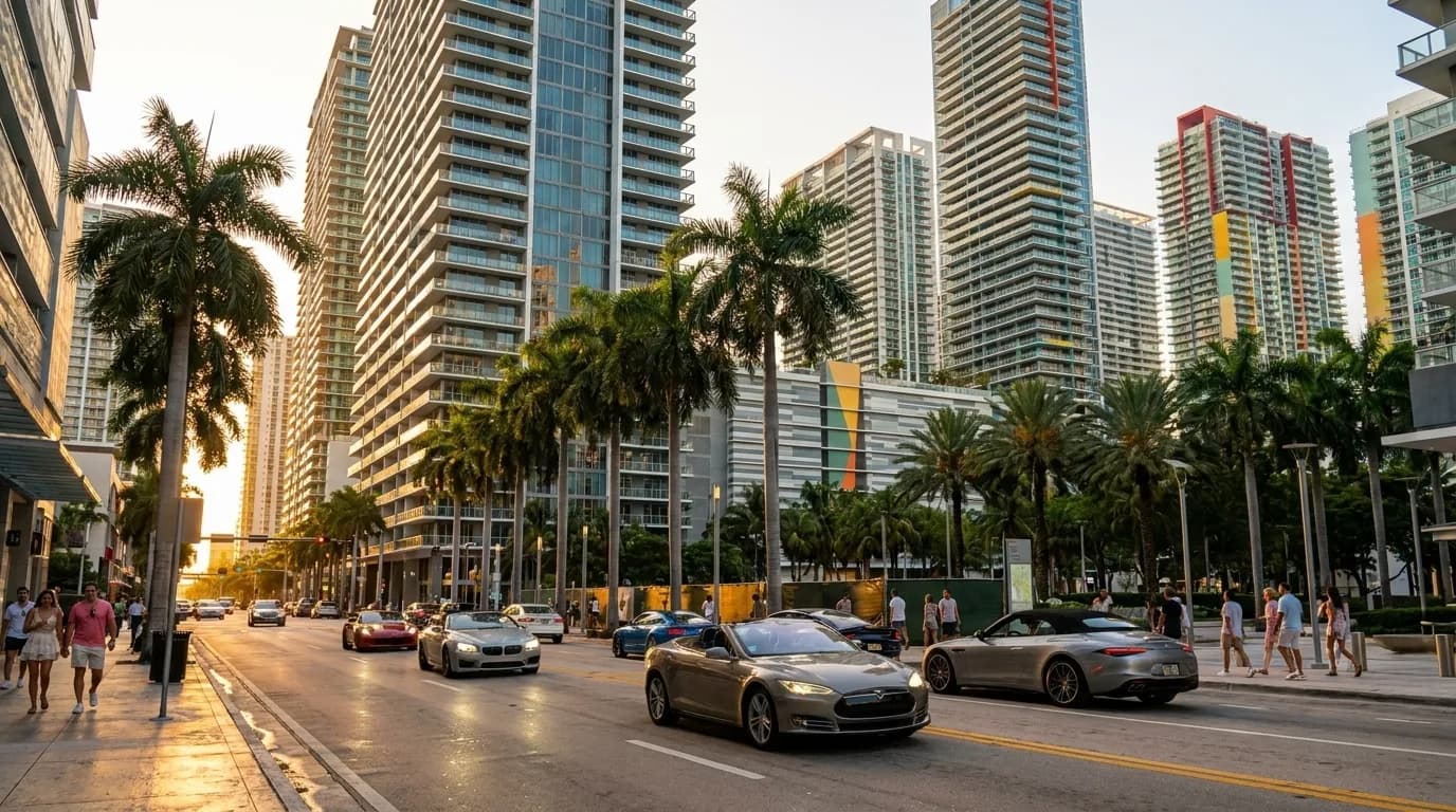 Brickall Avenue with Miami's downtown skyline and palm trees at golden hour